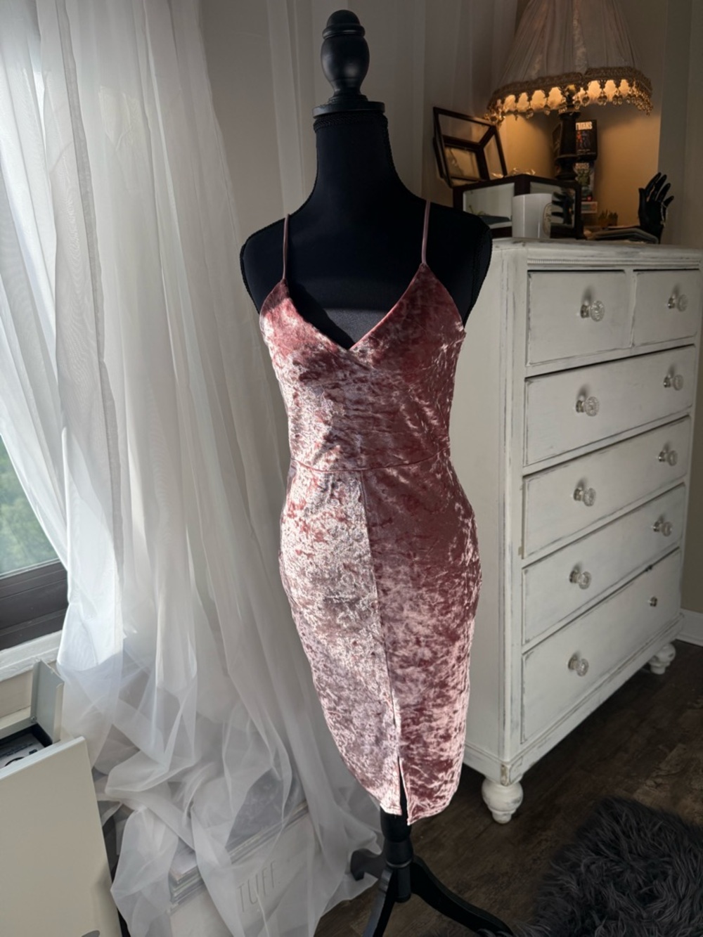 Missguided Blush Pink Crushed Velvet Slip Midi Dress
